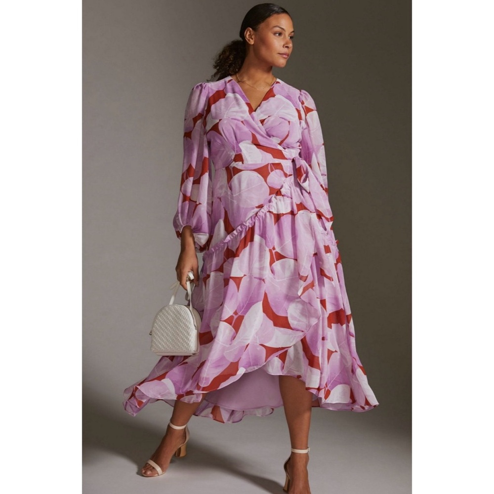 Anthropologie Pink and Rust Abstract Wrap Midi Dress
